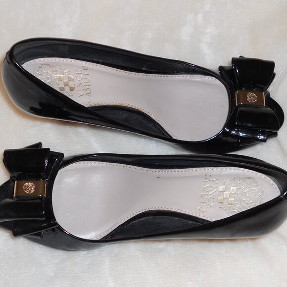 Vince Camuto 6 1/2 Black Patent Leather Peep Toe Wedge Heels "Varro" - Picture 5 of 8